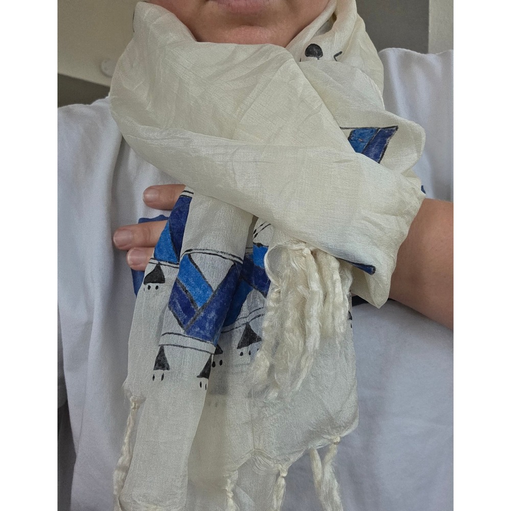 Silk & Hand-painted Warli Tribal Art Scarf Women OS White Blue Abstract